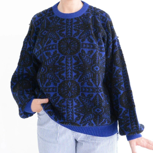 Vintage Steel Black & Blue Aztec Chunky Knit Crewneck Sweater Xl - Picture 1 of 12
